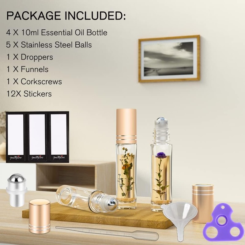 PrettyCare 4 Pack, 10 ml Essential Oil Roller Bottles with