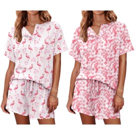 Ekouaer 2 Pack Womens Pajama Sets Short Sleeve Top with Shorts Soft Comfy Loungewear Sleepwear S
