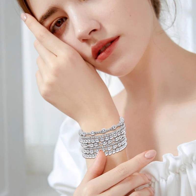 7Pcs Gold Bracelets for Women Gold Plated Beaded Bracelet Elastic