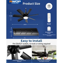 28 Inch Socket Fan Light with Remote Control, Screw in E26/E27 Ceiling Fan with LED Light, 3000-6000K Adjustable Color Temp, 6 Speeds, Timer, for Bedroom Kitchen Living Room Garage, Black