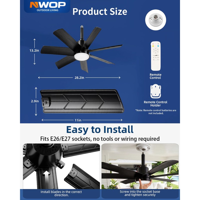 28 Inch Socket Fan Light with Remote Control, Screw in