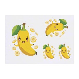 4 x 'Kawaii Style Smiling Banana' Temporary Tattoos - Water Resistant, Skin-Safe, Non-Toxic Transfers, Mixed Sizes (TO00069906)