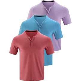 3 Pack: Mens Polo Shirts, Business Casual Golf Henley Work Shirts for Men, Collarless Short Sleeve Stylish Athletic Tshirts (Set 6, Large)