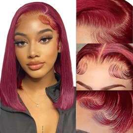 Superfect 99J Burgundy Lace Front Wigs Human Hair Pre Plucked 14 Inch Red Bob Wig Human Hair 13x4 Frontal Lace Wig HD Human Hair Wigs for Women Human Hair Wine Red Color (14 Inch, Burgundy 99J)