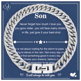 BOCHOI To My Son Bracelet, Men's Stainless Steel Cuban Bracelet, Birthday Gift, Christmas Day Gift, Silver, 21cm