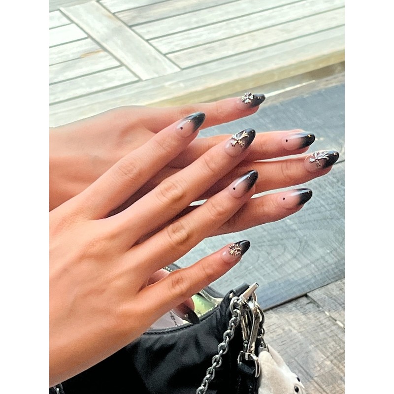 Chrome Black Handmade Nail Tips - Coffin Egg / 크롬