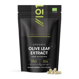 Organic Olive Leaf Extract Capsules 7500mg - 20% Oleuropein – 120 Vegan Capsules - Resealable and Recyclable Pouch by Alpha01