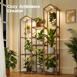 Bamworld Tall Plant Stand for Indoor Plants with Grow Lights Roof-Shaped Plant Sheves for Living Room Patio Garden Decor