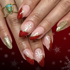 Christmas Press on Nails Medium Almond Nails Press ons with Irregular French Tip Design Red Gold Glitter Nails Glossy Full Cover Snow Glue on Nail Winter Xmas Holiday Fake Nail for Women 24Pcs