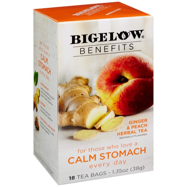 Bigelow Benefits Calm Stomach Ginger Peach Herbal Tea, Caffeine Free, 18 Count (Pack of 6), 108 Total Tea Bags