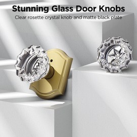 MAXECURITY 1 Pack Glass Door Knob, Rosette Shaped Crystal Door Knobs with Lock, Satin Brass Door Knobs Interior Glass