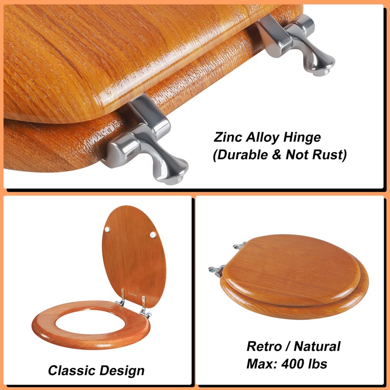 Angel Shield Durable Wood Veneer Natural Toilet Seat Metal Hinged