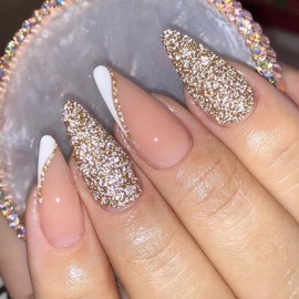 Pack of 24 Press on Nails Almond Medium, French White Artificial Nails with Shiny Design, Nude Artificial Nails for Gluing, Full Cover Acrylic Fingernails, Fake Nails for Women and Girls