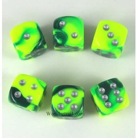 Green and Yellow Gemini with Silver Pips 16mm D6 Dice Set of 6 Wondertrail WCX26654E6