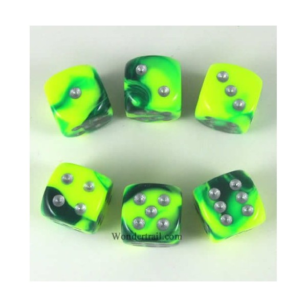 Green and Yellow Gemini with Silver Pips 16mm D6 Dice Set of 6 Wondertrail WCX26654E6