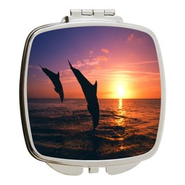 Island Gifting - Dolphins in Sunset Black Silhouette - Square Compact Mirror - Travel Mirror