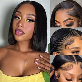 Edwad 13x6 Straight Bob Human Hair Lace Front Wigs Glueless Lace Frontal Bob Wig Human Hair Short Bob Wigs for Black Women Pre Plucked with Baby Hair Side Part 150% Density 10Inch