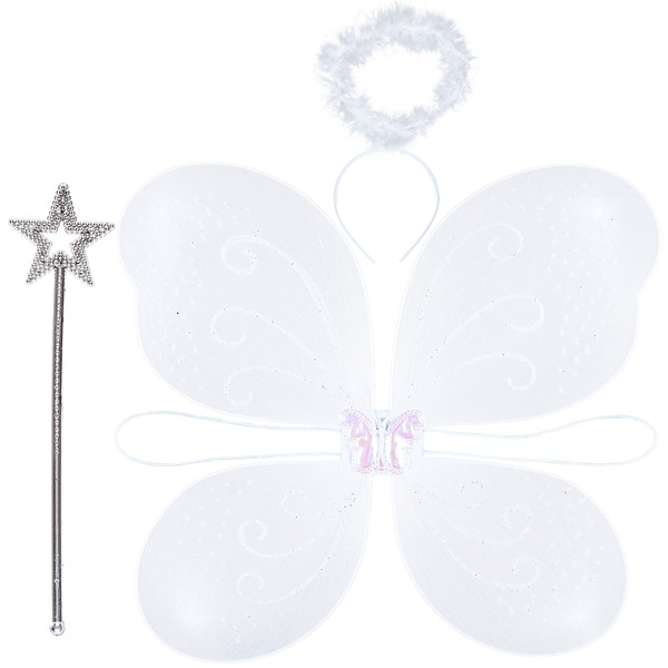 White Angel Costume for Kids - 3Pc Set - Butterfly Wings, Feather/Tinsel Halo Headband and Fairy Wand - Nativity Play/Christmas/Halloween Party Fancy Dress Costume for Girls
