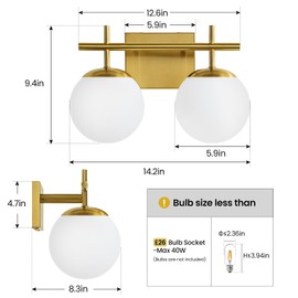 AIJIASI Gold Vanity Light, 2-Light Bathroom Lighting Fixtures Over Mirror Milky White Glass Globe Shades, Modern Vanity Lighting Fixtures Wall Sconce 14 Inch (Exclude E26 Bulb)