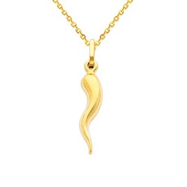 The World Jewelry Center 14k Real Yellow Gold Cornicello Italian Horn Pendant with 1.2mm Cable Chain Necklace - 16"