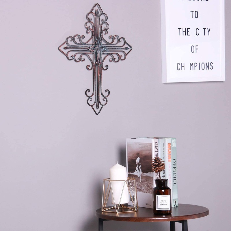 Yamfurvo Antique Wall Mount Layered Cross, Metal Scrolled Wall Art