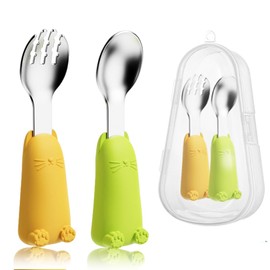 KinderBesteck 304 Stainless Steel, Baby Fork and Spoon Set, Stainless Steel Cutlery Set with Cartoon Animals, Self-Feeding Learning Utensils, Baby Cutlery for Baby, Toddler, Children