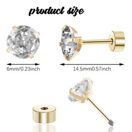 2 Pairs of Titanium Women's Flat Earrings Set Stainless Steel Hypoallergenic Cartilage Flatback Earring Zirconia Stud Earrings for Tragus Spiral Ear Piercing Flat Back Earrings Gold, Titanium