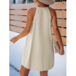CUPSHE Womens Summer Dresses V Neck Sleeveless Striped Button Up Mini Casual Coverup Dress Beige L