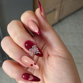 Hrnsnails Valentines Day Nails - Valentines Press On Nails Almond Medium, Red French Tip Fake Nails with Heart Diamond Design, Artificial Valentines Nails Stick On Nails for Women-24Pcs