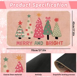 Whaline Pink Christmas Doormat Merry&Bright Xmas Tree Non-Slip Rubber Rectangle Floor Mat for Indoor Outdoor Kitchen Bathroom Entrance Porch, 27.5 x 17.7 Inch