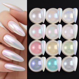 12 Colors Chrome Nail Powder Pearl Nail Chrome Powder Metallic Mirror Effect Nail Glitter Powder Kit Aurora Holographic Mermaid Summer Nail Pigment Salon DIY Iridescent Manicure Decoration