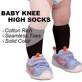 EPEIUS Baby Knee High Socks - Seamless Cotton Stockings for Boys/Girls, 6-12 Months, 3 Pack, Black