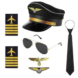 SHIQUAN Pilot Captain Costume Accessories, Pilot Set Captain Fancy Dress Carnival, Shoulder Epaulettes Stripes, Pilot Hat, Pilot Hat, Badge, for Adults Men for Party Dress Up
