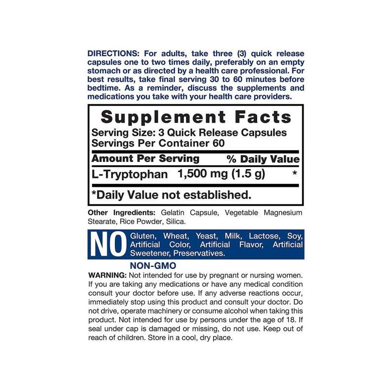 L-트립토판 1회 1500mg 180캡슐 (NONGMO) Horbaach L-Tryptophan 1500mg 180 Capsules