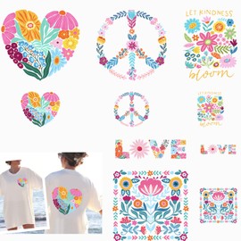 Parches de transferencia de calor de flores para camisetas, ropa lavable con texto en inglés "Kindness Love Iron On" - 10 unidades de calcomanías adhesivas para decoración con aplicaciones de