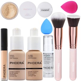 Phoera Foundation, Phoera Primer, Phoera Powder, Concealer Cover, Liquid Matt, Full Coverage, Make Up Foundation Brush and Powder Brush, Make Up Sponge (Nude #102 + Buff Beige #104)