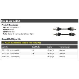 Front CV Axle Shaft Set of 2 - Compatible with 2006-2015 Honda Civic 1.8L 4-Cylinder 1.8L 4-Cylinder Manual Transmission