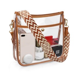 COROMAY Clear Bag Stadium Approved, Clear Crossbody Purse Bag with Adjustable Strap, Leather Clear Bag for Stadium Events, Clear Purse Brown