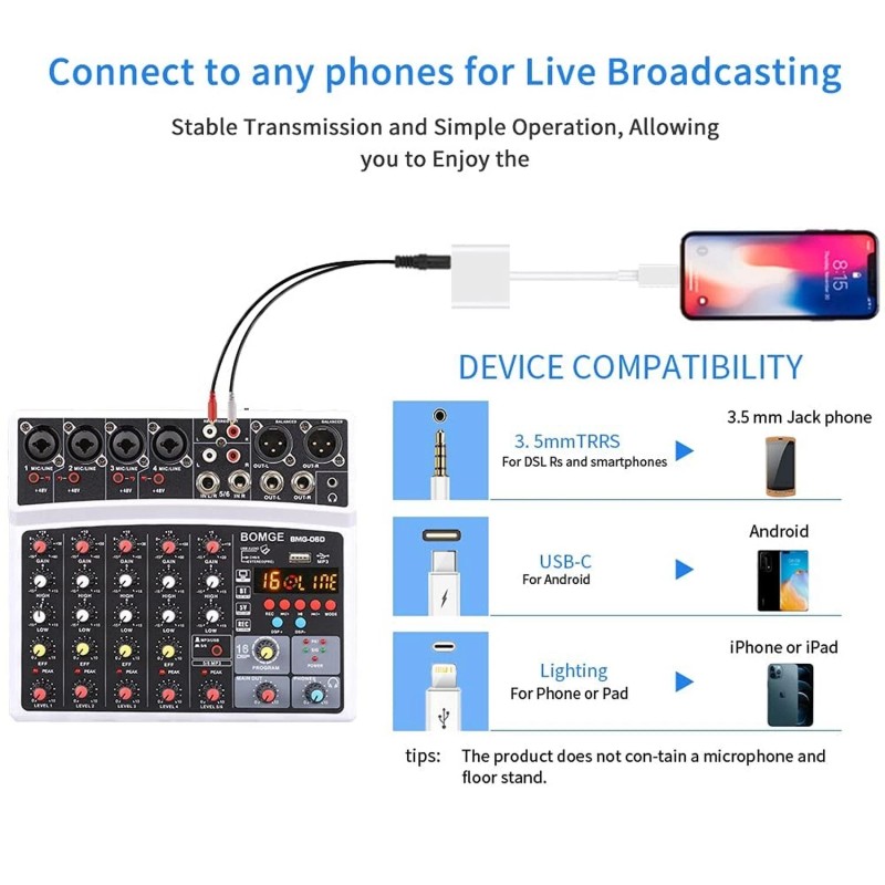 BOMGE 6 Channel Audio Sound Mixer - Professional Digital DJ