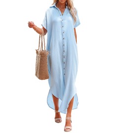 Herseas Womens Fashion Summer Beach Vacation Short Sleeve Button Down Dress Side Split Long Kimonos Cardigans Loose Bathing Suit Swimsuit Cover Ups for Swimwear Sky Blue XX-Large 18 20
