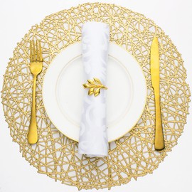 Evevda Gold Round Placemats for Dining Table Set of 6 Metallic Pressed Vinyl Circle Table Mats Wipeable Hollowout Place Mats for Table Decor Holiday Wedding Accent Centerpiece(Line, Gold)