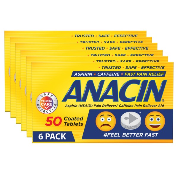 ANACIN- Fast Pain Relief (NSAID) Caffeine Pain Reliever Aid, 50 Tablets, (Pack of 6)