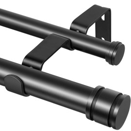 Zeerobee 1 Inch Double Curtain Rod, Black Double Curtain Rods for Windows 32 to 144, Adjustable Heavy Duty Drapery Pole with Classic End Caps, Black, 32"-144"