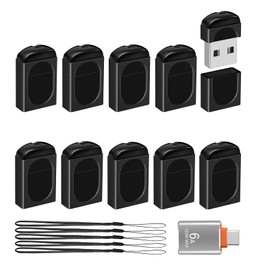 EASTBULL 8GB Small USB Drives 10-Pack USB2.0 Mini Flash Drive with a USB-C Adapter, FAT32 Mini Thumb Drive 8 GB 10 Pack for Data Storage (Black, 1 Adapter, 10 Lanyards)