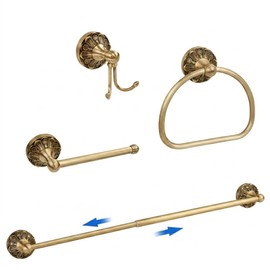 WNABATH Brass Toilet Paper Holder Towel Hook Bar Set, Antique Brass Bathroom Accessories Set, Brushed Brass Adjustable Towel Bar Coat Hook Towel Ring, Wall Mounted Bathroom Hardware Set(4 Piece)