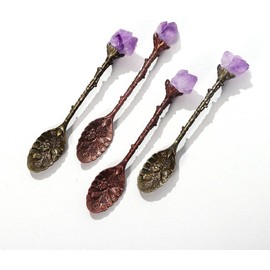 1pc Bronze and Purple Crystal Alloy Coffee Spoons Decorative Tea Spoon, Crystal Alloy,Vintage Carved,Dessert Spoon Ice Cream Spoons(A,Brass)