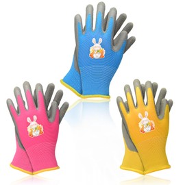 3Pairs Kids Gardening Gloves for Age 3-12, Rubber Coated Work Gloves, Non-Slip Childrens Yard Garden Gloves for Boys Girls Toddlers Outdoor Activities Garden Seeding Weeding Housework
