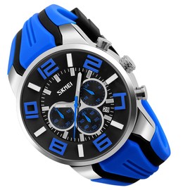 SKMEI Men Watches Silicone Band Young Waterproof Sports Fashion Casual Large Big Face Chronograph Luxury Luminous Analog Quartz Blue Wrist Watch Gifts