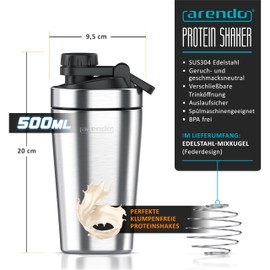 Arendo - Protein Shaker Stainless Steel 500 ml, Protein Shaker with Mixing Ball, BPA-Free, Mixing Cup, Metal Premium Protein Shaker, Carry Handle, Dishwasher Safe, To Go for Yoga Fitness Sports