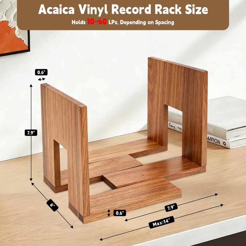 QUALLON Adjustable Vinyl Record Holder Solid Acacia Wood, 20–60 LP